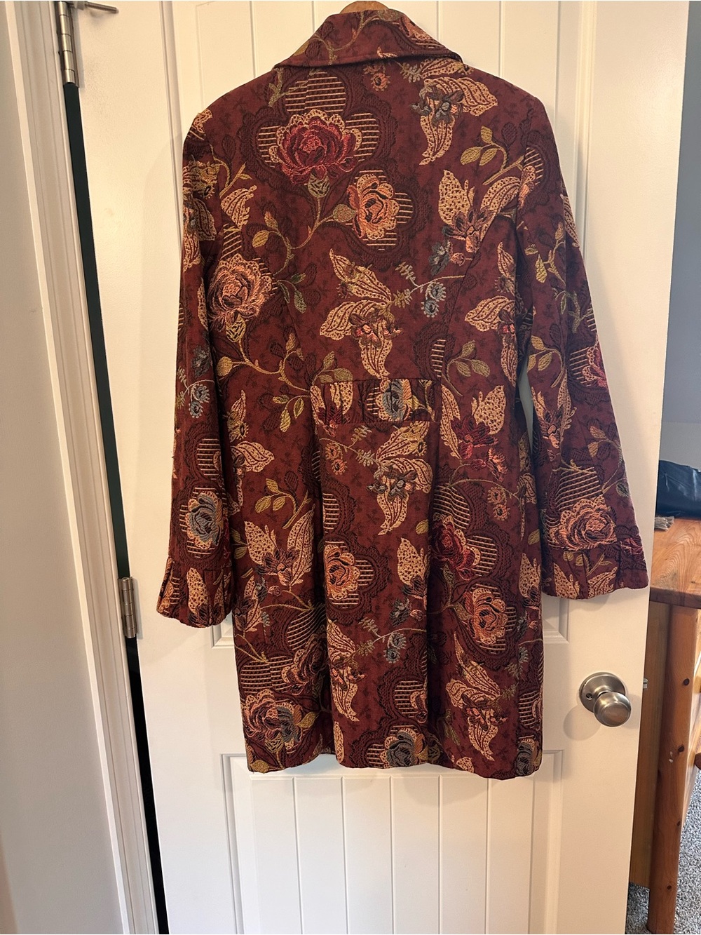 CAbi Floral-Embroidered Trench Coat in Rust and Mustard - Picture 5 of 6